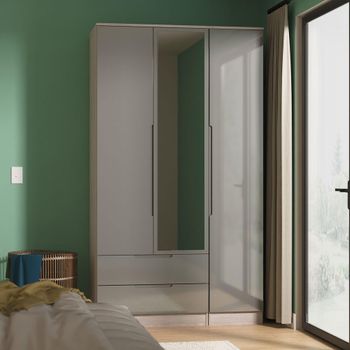 Milan Grey Gloss and Grey Oak 3 Door 1 Mirror LHF 2 Drawer Combi Tall Wardrobe