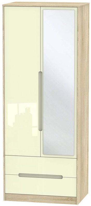 Monaco Cream Gloss and Oak 2 Door 1 Mirror Combi Tall Wardrobe