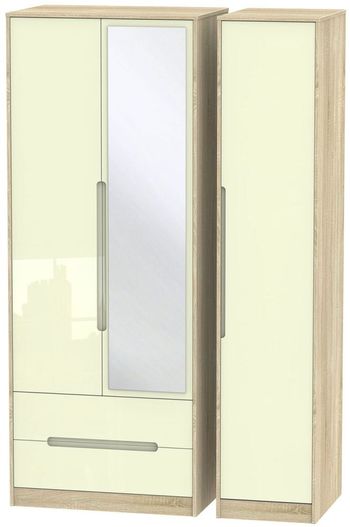 Monaco Cream Gloss and Oak 3 Door 1 Mirror and LHF 2 Drawer Combi Tall Wardrobe