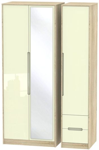Monaco Cream Gloss and Oak 3 Door 1 Mirror and RHF 2 Drawer Combi Tall Wardrobe