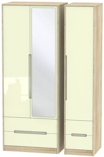 Monaco Cream Gloss and Oak 3 Door 1 Mirror Combi Tall Wardrobe