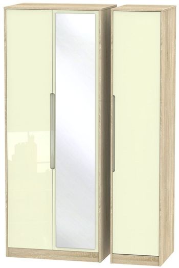 Monaco Cream Gloss and Oak 3 Door 1 Mirror Tall Triple Wardrobe