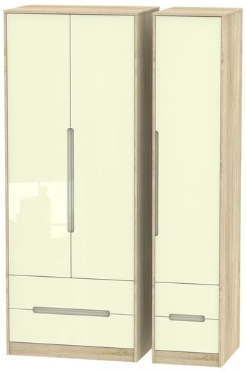 Monaco Cream Gloss and Oak 3 Door 4 Drawer Tall Triple Wardrobe