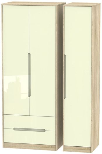 Monaco Cream Gloss and Oak 3 Door LHF 2 Drawer Tall Triple Wardrobe