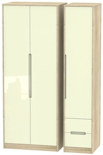 Monaco Cream Gloss and Oak 3 Door RHF 2 Drawer Tall Triple Wardrobe