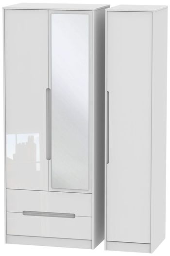 Monaco White Gloss 3 Door 1 Mirror LHF 2 Drawer Combi Tall Wardrobe