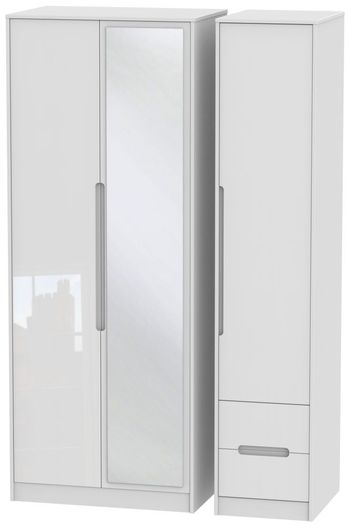 Monaco White Gloss 3 Door 1 Mirror RHF 2 Drawer Combi Tall Wardrobe