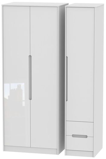Monaco White Gloss 3 Door RHF 2 Drawer Tall Triple Wardrobe