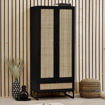 Padstow Double Black and Rattan 2 Door 1 Drawer Wardrobe
