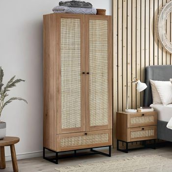 Padstow Oak Double and Rattan 2 Door 1 Drawer Wardrobe
