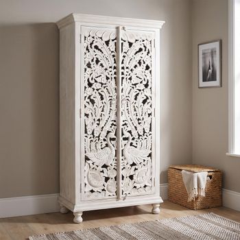 Quintana Mango Wood 2 Door Washed Carved Wardrobe