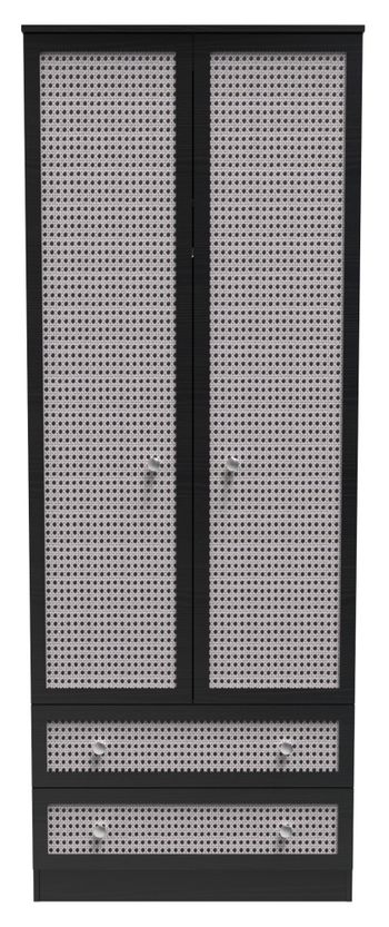 Rattan and Black Ash 2 Door 2 Drawer Tall Wardrobe