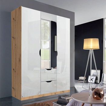 Arnstein Artisan Oak and White High Gloss 136cm 3 Door Combi Wardrobe