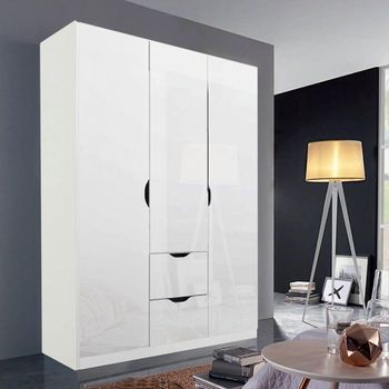 Arnstein Alpine White and White High Gloss 136cm 3 Door 2 Drawer Wardrobe
