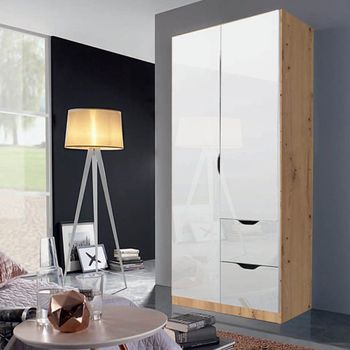 Arnstein Artisan Oak and White High Gloss 91cm 2 Door 2 Drawer Wardrobe