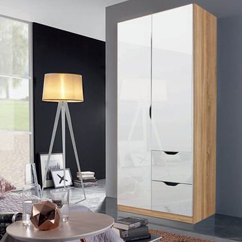 Arnstein Sonoma Oak and White High Gloss 91cm 2 Door 2 Drawer Wardrobe