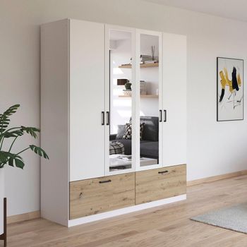 Bari Alpine White and Artisan Oak 181cm 4 Door Combi 2 Drawer Wardrobe