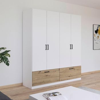Bari Alpine White and Artisan Oak 181cm 4 Door 2 Drawer Wardrobe