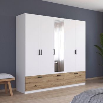 Bari Alpine White and Artisan Oak 226cm 5 Door Combi 3 Drawer Wardrobe