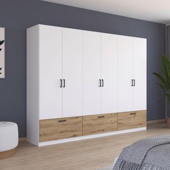 Bari Alpine White and Artisan Oak 271cm 6 Door 3 Drawer Wardrobe