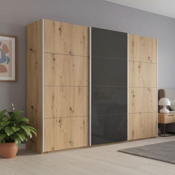 Beluga Extra Artisan Oak and Basalt Glass Front 271cm 3 Door Sliding Wardrobe