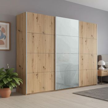 Beluga Extra Artisan Oak and Silk Grey Glass Front 271cm 3 Door Sliding Wardrobe