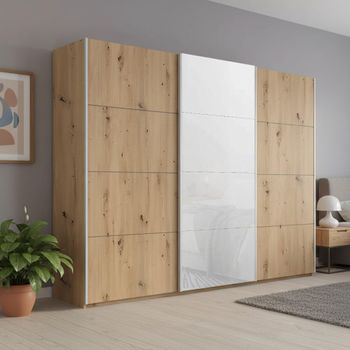 Beluga Extra Artisan Oak and White Glass Front 271cm 3 Door Sliding Wardrobe