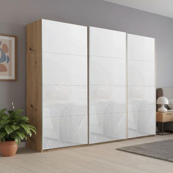 Beluga Extra Artisan Oak and White Glass 271cm 3 Door Sliding Wardrobe