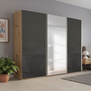 Beluga Extra Artisan Oak and Basalt Glass 271cm 3 Door Mirror Sliding Wardrobe