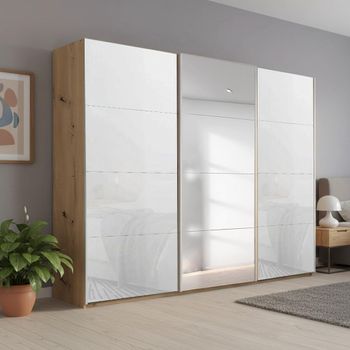 Beluga Extra Artisan Oak and White Glass 271cm 3 Door Mirror Sliding Wardrobe
