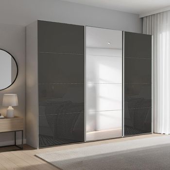 Beluga Extra Silk Grey and Basalt Glass 271cm 3 Door Mirror Sliding Wardrobe