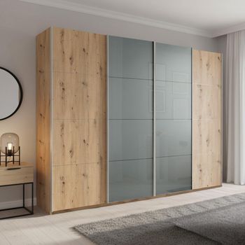 Beluga Extra Artisan Oak and Silk Grey Glass Front 271cm 4 Door Sliding Wardrobe