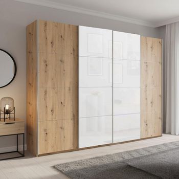 Beluga Extra Artisan Oak and White Glass Front 271cm 4 Door Sliding Wardrobe