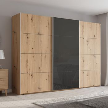 Beluga Extra Artisan Oak and Basalt Glass Front 316cm 3 Door Sliding Wardrobe