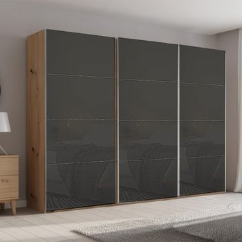 Beluga Extra Artisan Oak and Basalt Glass 316cm 3 Door Sliding Wardrobe