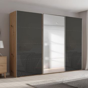 Beluga Extra Artisan Oak and Basalt Glass 316cm 3 Door Mirror Sliding Wardrobe
