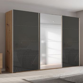 Beluga Extra Artisan Oak and Basalt Glass 361cm 3 Door Mirror Sliding Wardrobe