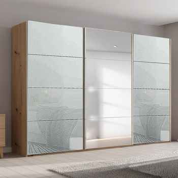 Beluga Extra Artisan Oak and Silk Grey Glass 361cm 3 Door Mirror Sliding Wardrobe