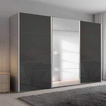 Beluga Extra Silk Grey and Basalt Glass 361cm 3 Door Mirror Sliding Wardrobe