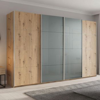 Beluga Extra Artisan Oak and Silk Grey Glass Front 361cm 4 Door Sliding Wardrobe