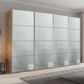 Beluga Extra Artisan Oak and Silk Grey Glass 361cm 4 Door Sliding Wardrobe