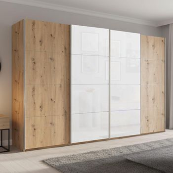 Beluga Extra Artisan Oak and White Glass Front 361cm 4 Door Sliding Wardrobe