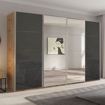 Beluga Extra Artisan Oak and Basalt Glass 361cm 4 Door Mirror Sliding Wardrobe