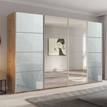 Beluga Extra Artisan Oak and Silk Grey Glass 361cm 4 Door Mirror Sliding Wardrobe