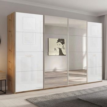 Beluga Extra Artisan Oak and White Glass 361cm 4 Door Mirror Sliding Wardrobe