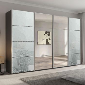 Beluga Extra Graphite and Silk Grey Glass 361cm 4 Door Mirror Sliding Wardrobe