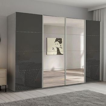 Beluga Extra Silk Grey and Basalt Glass 361cm 4 Door Mirror Sliding Wardrobe