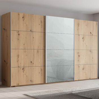 Beluga Extra Artisan Oak and Silk Grey Glass Front 406cm 3 Door Sliding Wardrobe