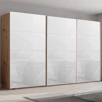 Beluga Extra Artisan Oak and White Glass 406cm 3 Door Sliding Wardrobe