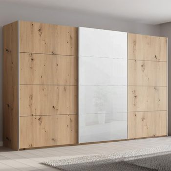 Beluga Extra White High Gloss and Artisan Oak Front 406cm 3 Door Sliding Wardrobe